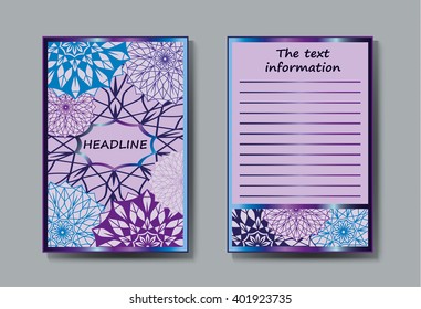Cover, Abstract composition, page Title A4 brochure, text, frame, motifs, floral, ornaments and mandalas.Floral vector Oriental flyer design layout template front and back sides. Easy to use and edit