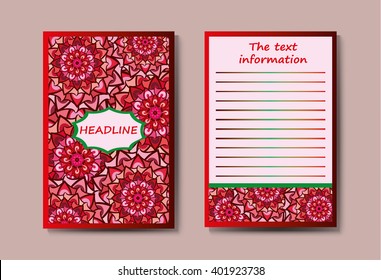 Cover, Abstract composition, page Title A4 brochure, text, frame, motifs, floral, ornaments and mandalas.Floral vector Oriental flyer design layout template front and back sides. Easy to use and edit