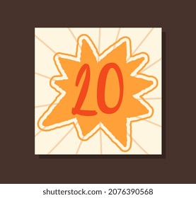 Cover for Advent calendar. Colorful greeting poster with flash and number twenty. Design element for gifts for New Year or Christmas. Cartoon flat vector illustration isolated on brown background