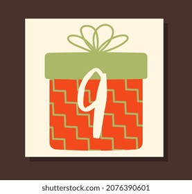 Cover for Advent calendar. Colorful greeting poster with gift box and number nine. Design element for gifts for New Year or Christmas. Cartoon flat vector illustration isolated on brown background