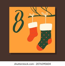 Cover for Advent calendar. Colorful poster with Christmas socks and number eight. Design element for gifts for New Year or Christmas. Cartoon flat vector illustration isolated on brown background