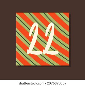 Cover for Advent calendar. Poster with red and green stripes and number twenty two. Design element for gifts for New Year or Christmas. Cartoon flat vector illustration isolated on brown background