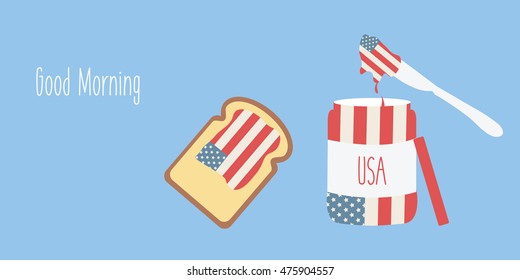 A cover - American flag spread on a slice of bread with a jar & text illustration isolated in a light blue background