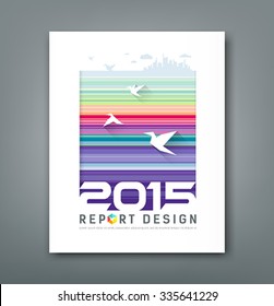 Cover Annual report flying birds and silhouette building on colorful lines background design, vector illustration