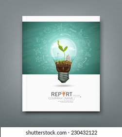 Cover Annual Report Green Seedlings In A Light Bulb Ecology Concept Design, Sketching Science Background, Vector Illustration