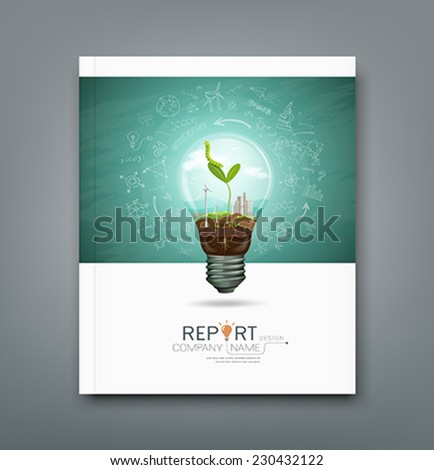 Cover annual report green seedlings in a light bulb ecology concept design, sketching science background, vector illustration