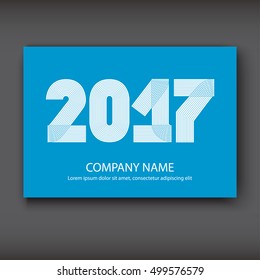 Cover Annual Report numbers 2017, modern design white on blue background, year 2017 in thin lines striped minimalist, numbers written with a pen, vector illustration