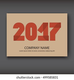 Cover Annual Report numbers 2017, modern design red on craft paper background, year 2017 in thin lines striped minimalist, numbers written with a pen, vector illustration