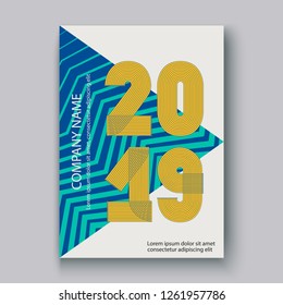 Cover Annual Report numbers 2019, modern design colorful neon zigzag background vertical, year 2019 in thin lines striped memphis stile, written with a pen, vector illustration