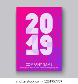 Cover Annual Report numbers 2019, modern design colorful neon zigzag background vertical, year 2019 in thin lines striped memphis stile, written with a pen, vector illustration