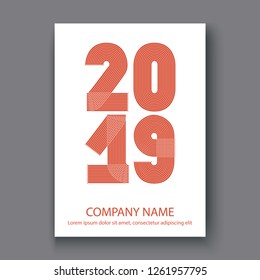 Cover Annual Report numbers 2019, modern design red on white background vertical, year 2019 in thin lines striped minimalist, written with a pen, vector illustration
