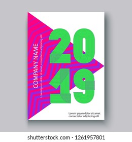 Cover Annual Report numbers 2019, modern design colorful neon zigzag background vertical, year 2019 in thin lines striped memphis stile, written with a pen, vector illustration