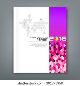 Cover annual report world map connections with violet gradient triangles geometric design background, vector illustration