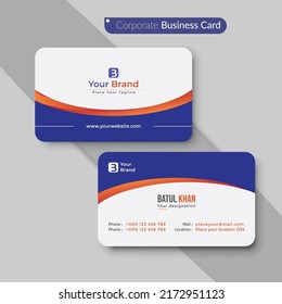 Cover and back page Business card or visiting card. Round blue shape with orange mini shape. Simple and minimal eye catching modern design. classy business card template. Professional Corporate style.