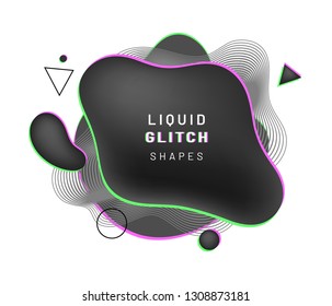 Cover background with abstract liquid shape with glitch and blurry design. Black gradient fluid blob with dynamic wavy lines, circle, triangle. Overlap geometric composition for flyer or banner, logo