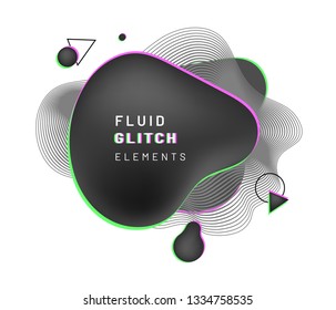 Cover background with abstract liquid shape with glitch and blurry design. Black gradient fluid blob with dynamic wavy lines, circle, triangle. Overlap geometric composition for flyer or banner, logo