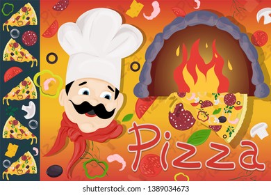 cover background illustration, on the theme of Italian pizza cuisine, for decoration and design sticker of ingredients vector EPS 10