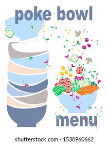Cover or background for menu. Poke bowl with salmon, avocado, cucumbers, tomatoes., mushrooms and sprouts.There are many bowls near. 