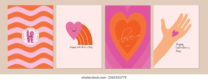 Cover background set vector illustration. Happy Valentines Day cards. Invitation abstract design patterns in minimal line art modern style