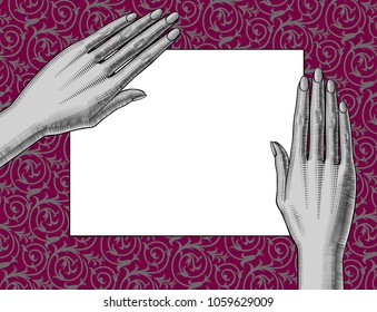 Cover and banner with two women's hands palm down holding a paper sheet on the decorative background. Vintage engraving stylized drawing. Vector illustration