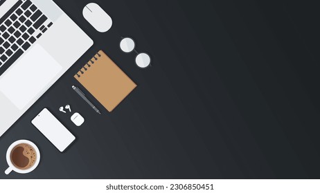 Cover and banner of working desk with gadget. Top view of table working and free space for text with computer, laptop, notebook, coffee cup, phone and paper.