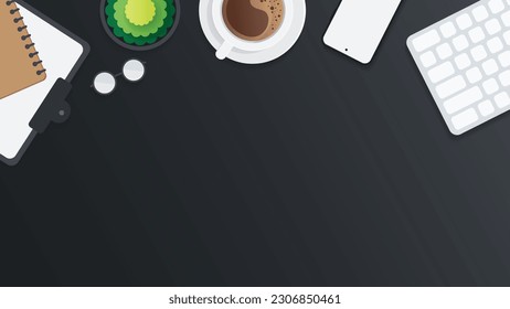 Cover and banner of working desk with gadget. Top view of table working and free space for text with computer, laptop, notebook, coffee cup, phone and paper.