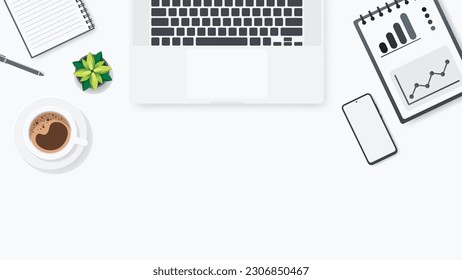 Cover and banner of working desk with gadget. Top view of table working and free space for text with computer, laptop, notebook, coffee cup, phone and paper.