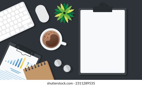 Cover and banner of working desk with gadget. Top view of table working and free space for text with computer, laptop, notebook, coffee cup, phone and paper.