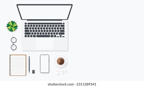 Cover and banner of working desk with gadget. Top view of table working and free space for text with computer, laptop, notebook, coffee cup, phone and paper.