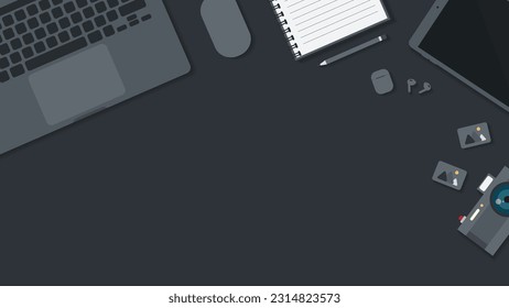 Cover and banner of working desk with gadget. Top view of table working and free space for text with computer, laptop, notebook, coffee cup, phone and paper.