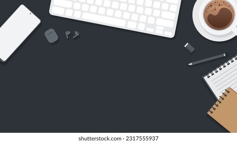 Cover and banner of working desk with gadget. Top view of table working and free space for text with computer, laptop, notebook, coffee cup, phone and paper.