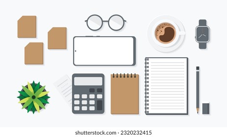 Cover and banner of working desk with gadget. Top view of table working and free space for text with computer, laptop, notebook, coffee cup, phone and paper.