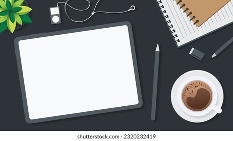 Cover and banner of working desk with gadget. Top view of table working and free space for text with computer, laptop, notebook, coffee cup, phone and paper.