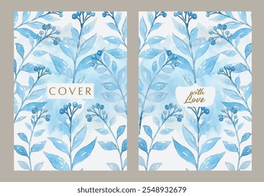 Cover with beautiful plants, foliage, berries in watercolour style in vector.