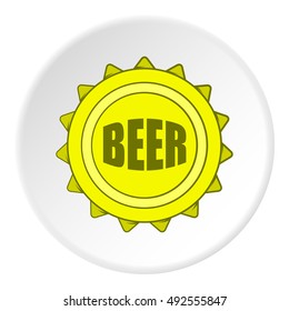 Cover beer icon in cartoon style on white circle background. Bottle symbol vector illustration