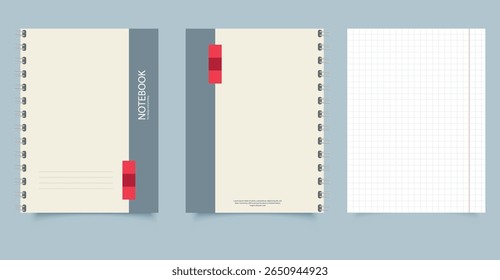 The cover is beige with a gray stripe in the center and red elements. The cover says NOTEBOOK. Suitable for notes, writing, studying or working.