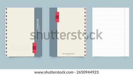 The cover is beige with a gray stripe in the center and red elements. The cover says NOTEBOOK. Suitable for notes, writing, studying or working.