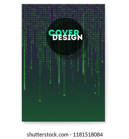 Cover with binary computer code with floating digits. Cyberspace with code of matrix. Concept of security, programming and hacking actions, decryption and encryption.