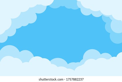 Cover blue sky with border of white clouds. Background cartoon flat style of air backdrop. Cloudy heaven scene layered effect. Abstract text box for poster, flyer, postcard, banner Vector illustration