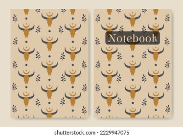 Cover with boho cow skull pattern. Magic colorful background.