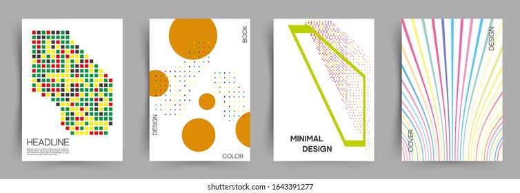 Cover, book in the abstract and avant-garde style with various shapes, lines, dots und colorful mosaic on white background. Eps 10