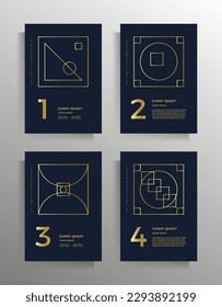 Cover for book, brochure, booklet, flyer, poster, folder, textbook. Elegant design with golden linear geometric shapes. Set of A4 format vector templates
