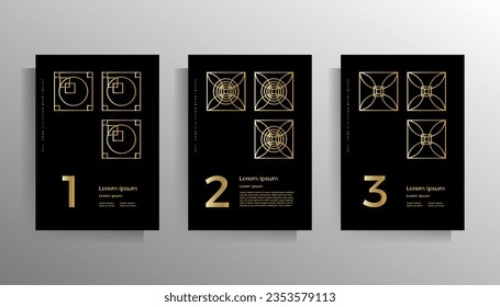 Cover for book, brochure, booklet, flyer, poster, folder, textbook. Elegant design with golden linear geometric shapes. Set of A4 format vector templates