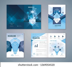 Cover Book Design Set, Blue Handshake and Stairs up to open door,growing to Target,human head with Light bulb, progress to success, brainstorm,Teamwork,Template Brochures,flyer,presentation