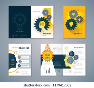 Cover Book Design Set, Human head with Light Bulb Background vector Template Brochures, Cogwheel Gears in progress, flyer, presentations,annual report,leaflet, hand,heart,Thinking for development