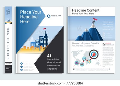 Cover book design template with business infographics data report chart, Use for annual report, proposal, portfolio, brochure, flyer, leaflet, catalog, magazine, booklet, Vector template in A4 layout.