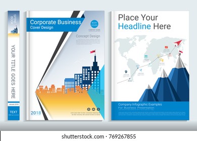 Cover book design template with presentation infographics elements, Use for annual report, proposal, brochure, flyer, leaflet, catalog, magazine, booklet, portfolio, Vector template in A4 layout.