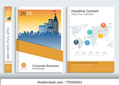Cover book design template with presentation infographics elements, Use for annual report, proposal, portfolio, brochure, flyer, leaflet, catalog, magazine, booklet, Vector template in A4 layout.