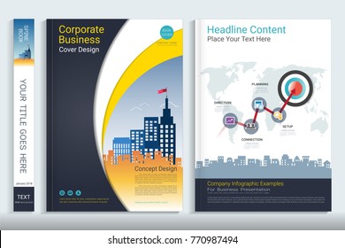 Cover book design template with presentation infographics elements, Use for annual report, proposal, portfolio, brochure, flyer, leaflet, catalog, magazine, booklet, Vector template in A4 layout.