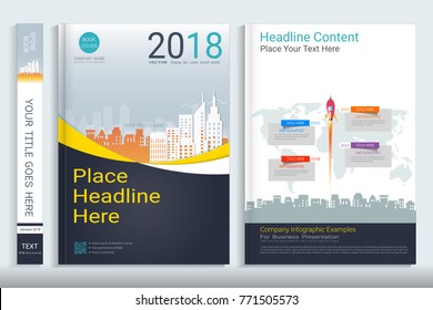 Cover book design template with presentation infographics elements, Use for annual report, proposal, portfolio, brochure, flyer, leaflet, catalog, magazine, booklet, Vector template in A4 layout.